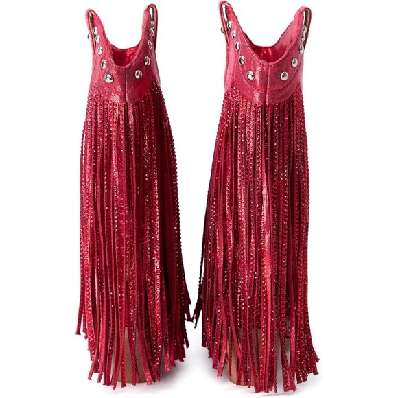 ⚡Women's Red Pointed toe Thick Heel Ankle Boots Ladies Crystal Embroider - Picture 6 of 6